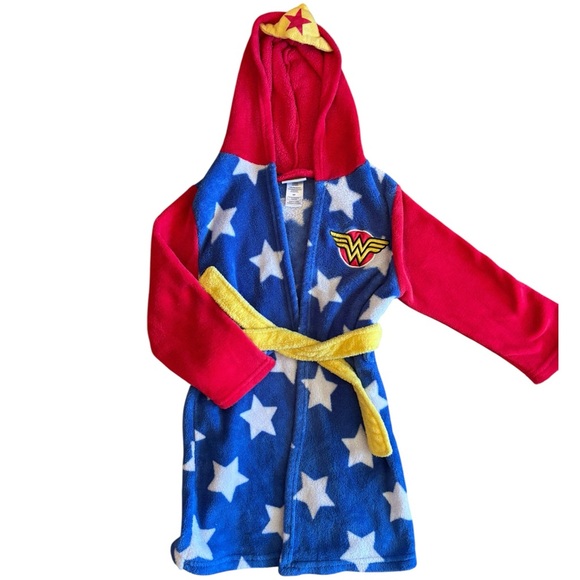 Vintage Wonder Woman Girls Fuzzy Bathrobe Sz small y2k belted DC Comics Hooded - Picture 1 of 4
